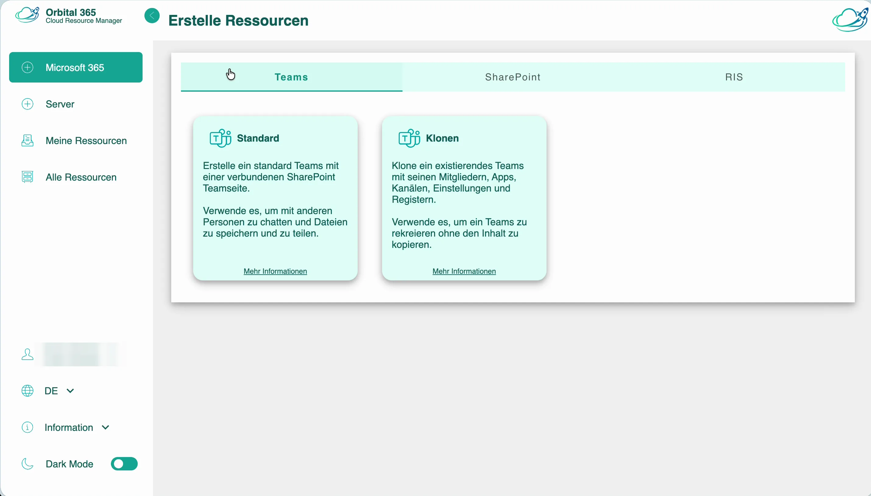 Orbital 365: Katalog "Erstelle Ressourcen" mit den Vorlagen Standard und Klonen für Teams