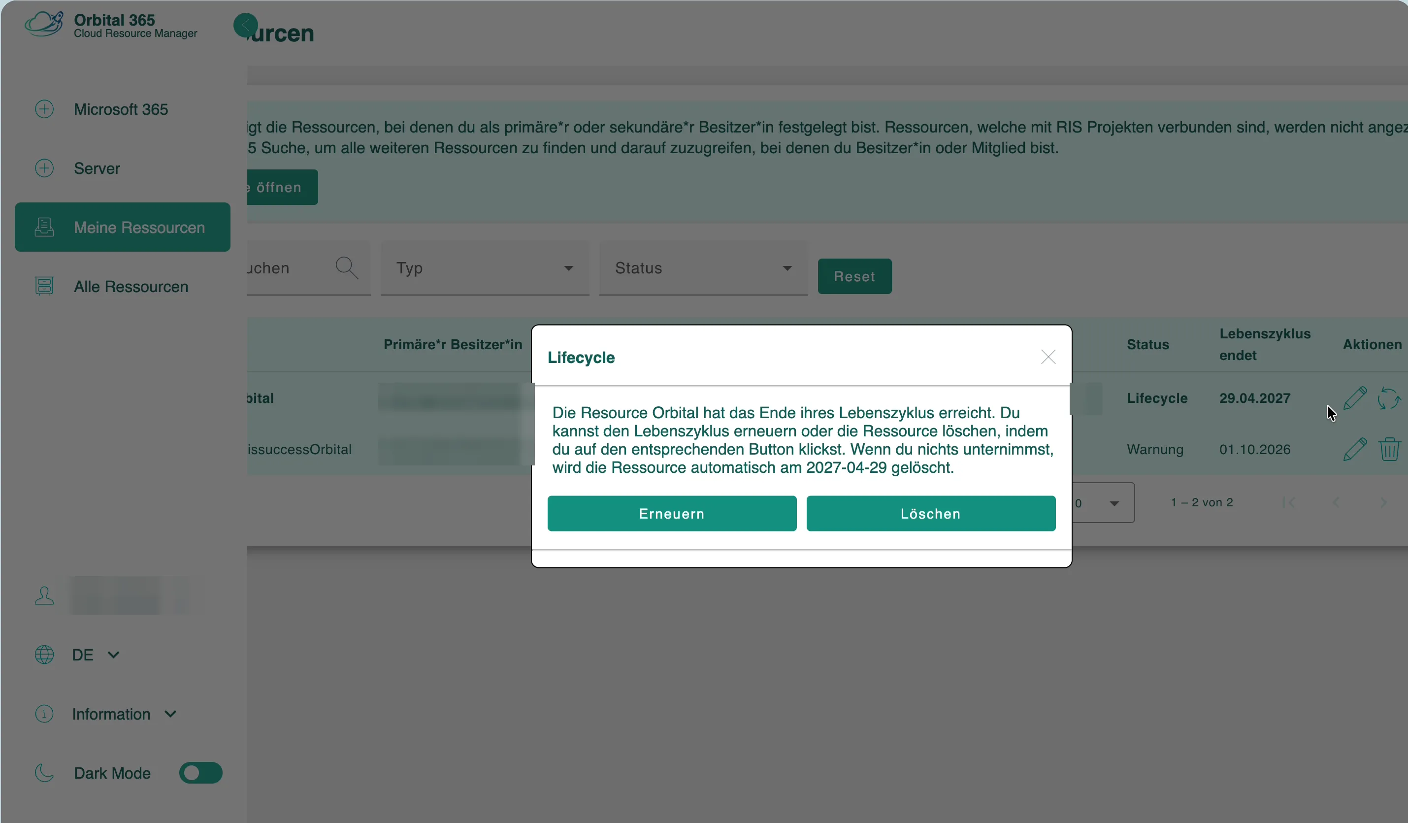 Orbital 365: Dialog Lifecycle mit den Optionen Erneuern und Löschen